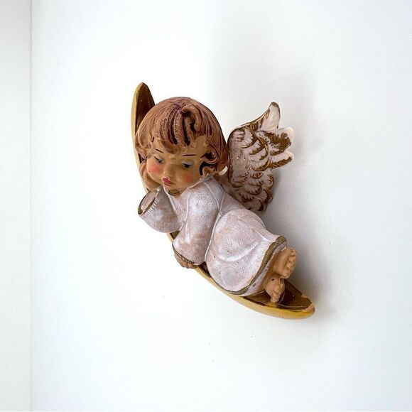 Vtg Sleepy Baby Angel in Crescent Moon Christmas Ornament Made in Italy Resin - Picture 3 of 9